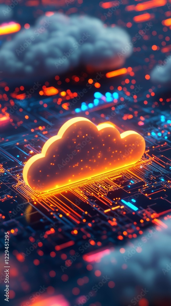 Poster futuristic cloud computing concept with glowing digital circuitry and technology elements
