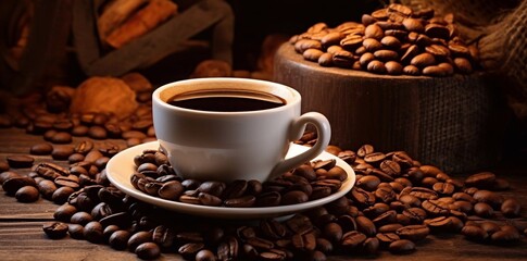 cup of coffee and beans on dark background, top view