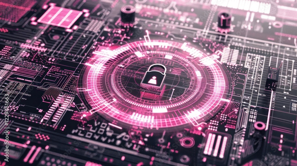 Poster abstract digital technology background featuring a lock symbol within a circuit design