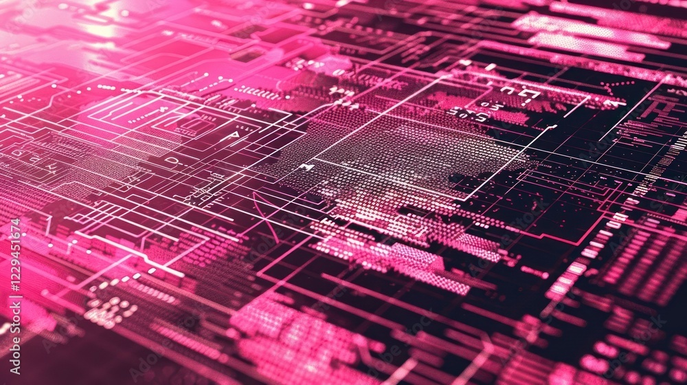 Poster abstract digital circuit design in vibrant pink hues showcasing intricate connections and patterns