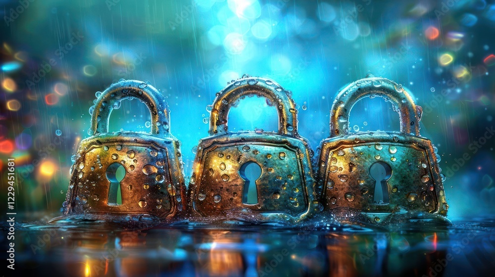 Aufkleber three vintage locks resting in a rain-soaked environment with colorful bokeh in the background