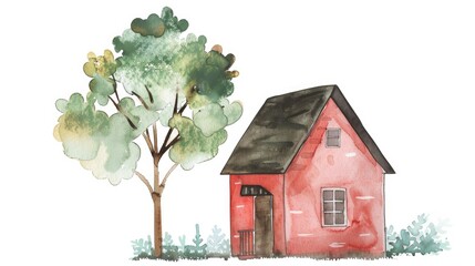 A simple watercolor illustration of a cute little house in the minimalist style
