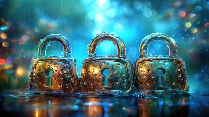 Three vintage locks resting in a rain-soaked environment with colorful bokeh in the background