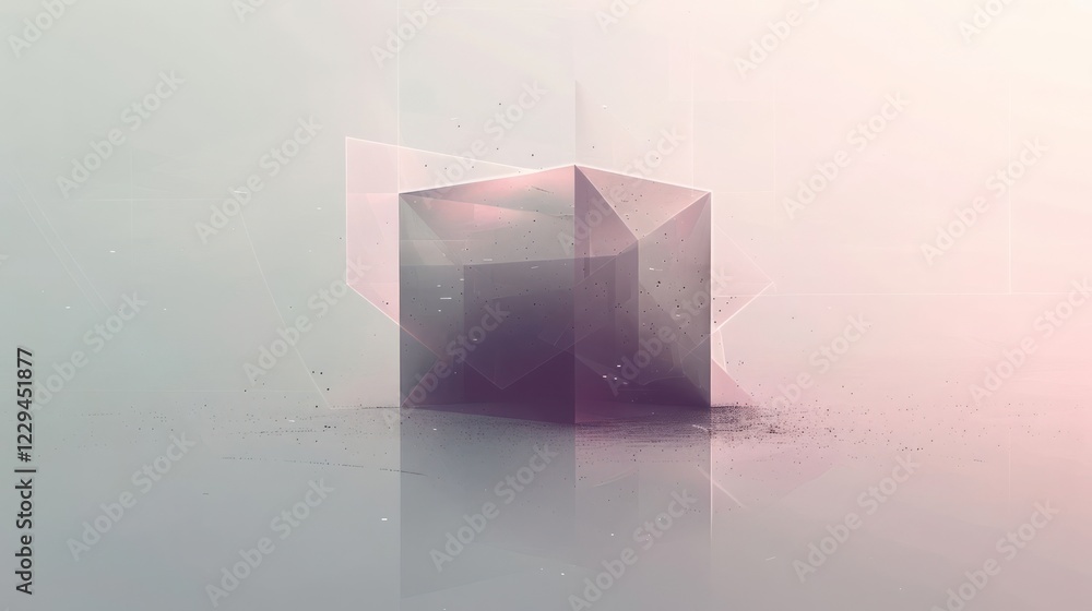 Poster abstract geometric composition featuring a translucent cube with soft pastel colors and light reflec