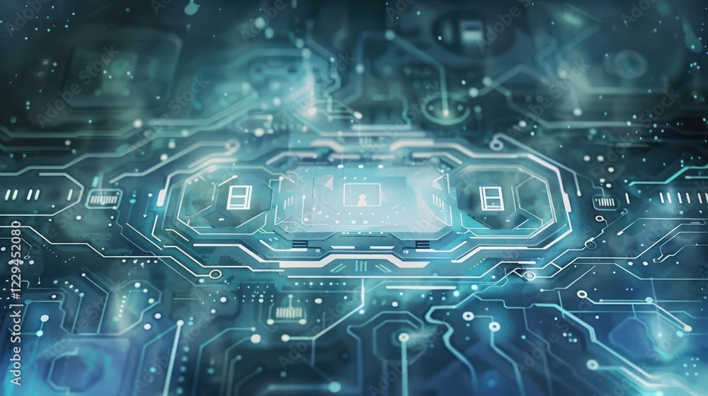 Poster abstract digital circuit design with glowing elements, representing technology and innovation