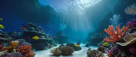 A vibrant underwater setting showcasing coral reefs bustling with colorful sea creatures