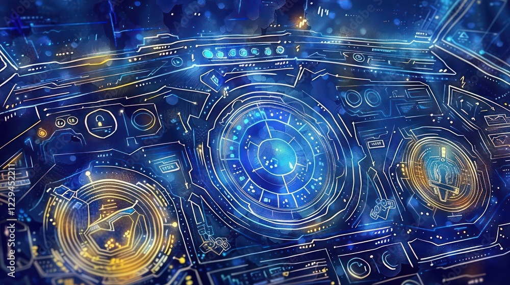 Poster futuristic control panel with glowing interfaces and intricate designs in a cosmic setting