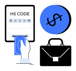 Hand processing digital payment with HS Code, dollar sign, and briefcase. Ideal for finance, e-commerce, global trade, customs, business transactions logistics economic strategy. Abstract line flat