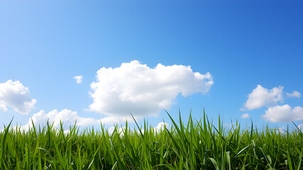 Obraz premium Green grass and blue sky with white clouds