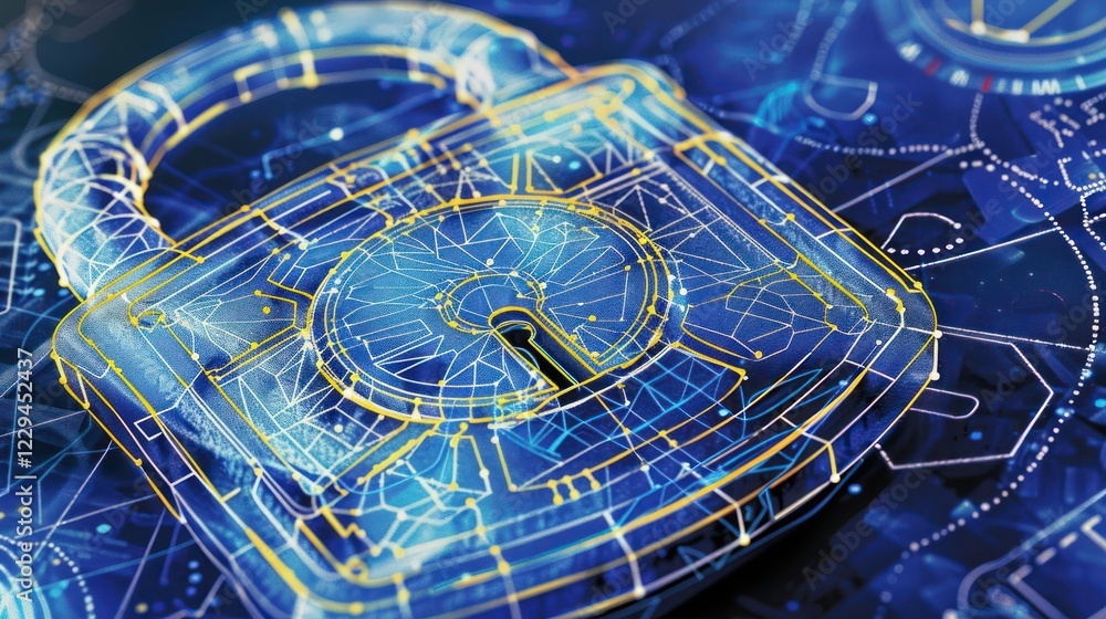 Poster digital lock symbolizing cybersecurity, with abstract technology background showcasing data protecti