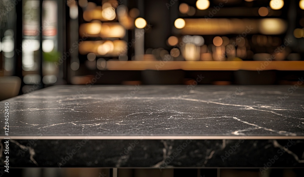 Poster abstract blurred background of an empty black marble stone tabletop with bokeh in a modern restauran