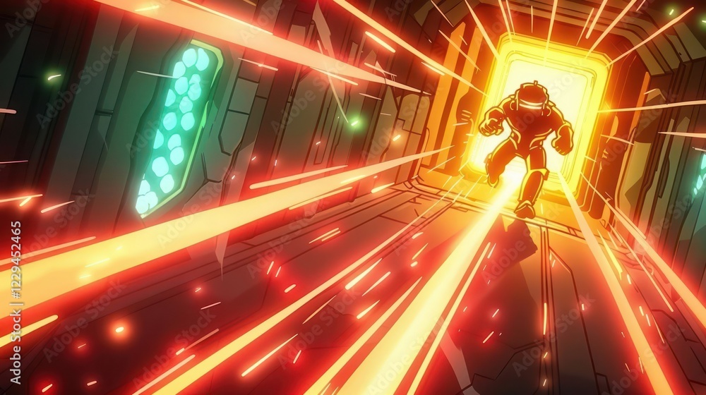 Poster Futuristic character running towards a glowing exit in a sci-fi corridor filled with energy