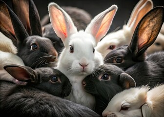 Fototapeta premium Minimalist White Rabbit Grooming, Black Rabbits, Elegant Photography