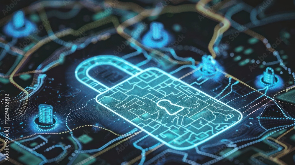 Poster digital lock symbolizing cybersecurity on a tech-themed background with cityscape elements