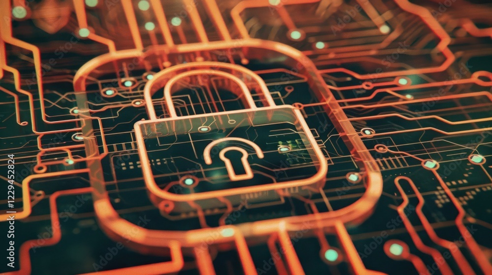 Poster abstract representation of digital security with a glowing padlock on a circuit board background (1)
