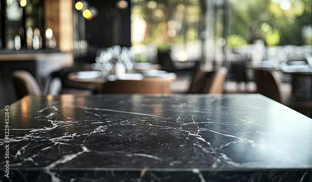 Poster abstract blurred background of an empty black marble stone tabletop with bokeh in a modern restauran