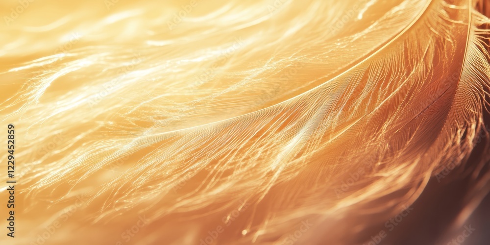 Poster a detailed close-up of a golden feather illuminated by soft light, showcasing its intricate patterns