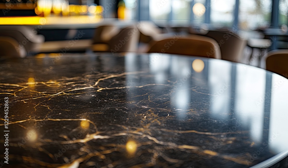 Poster abstract blurred background of an empty black marble stone tabletop with bokeh in a modern restauran