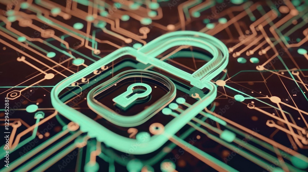 Poster abstract representation of digital security with a glowing padlock on a circuit board background