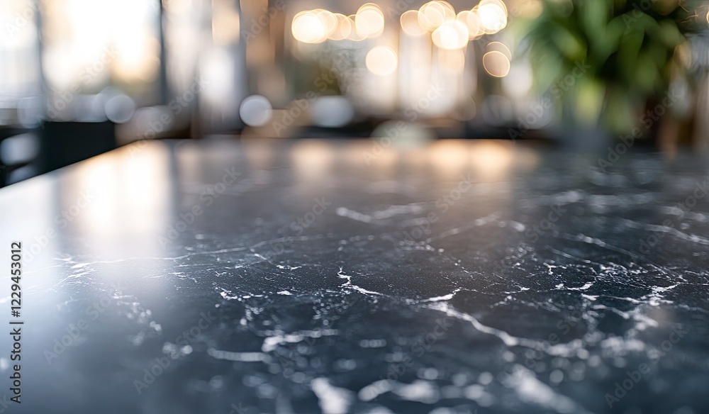 Poster abstract blurred background of an empty black marble stone tabletop with bokeh in a modern restauran