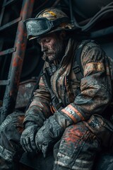 Fototapeta premium A seated and sweating firefighter is exhausted distress