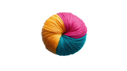 Brightly colored twisted wool yarn ball, isolated on a transparent background for knitting, crochet, and textile crafts