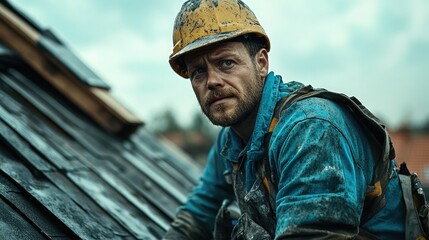 Fototapeta premium Construction worker repairing a roof under a cloudy sky in a residential area during the day