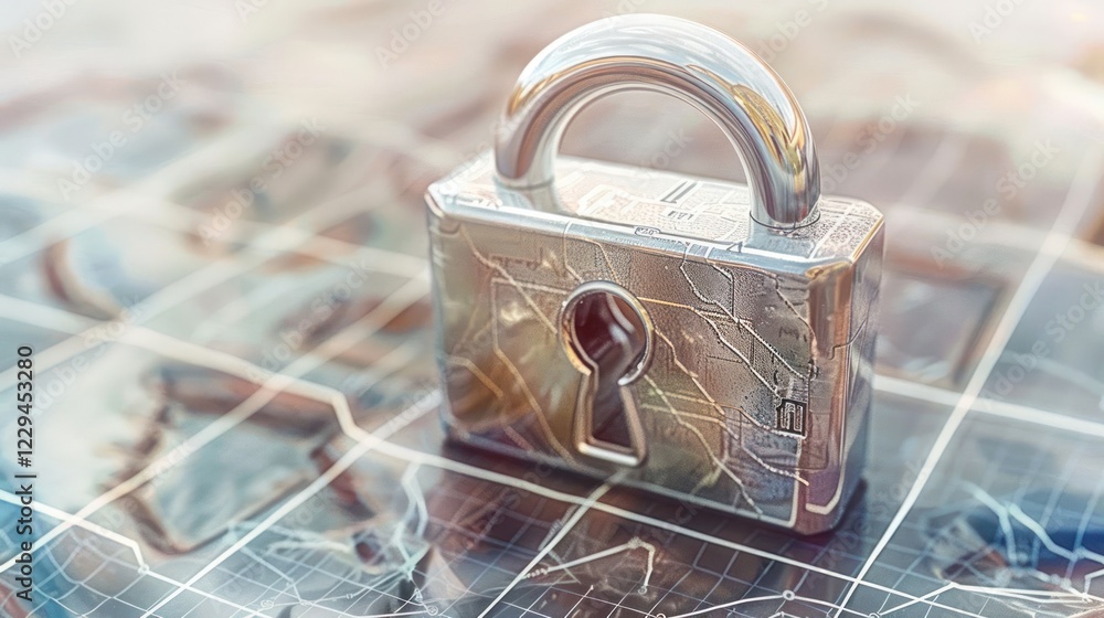 Poster a shiny silver padlock resting on a textured surface with abstract patterns, symbolizing security