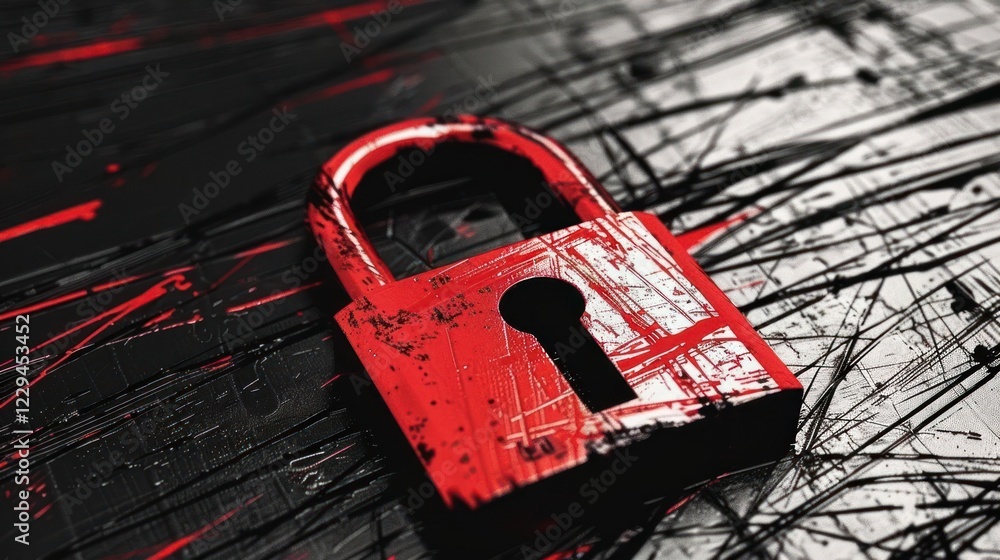 Poster close-up of a red padlock on a textured black surface with abstract paint splatters, symbolizing sec