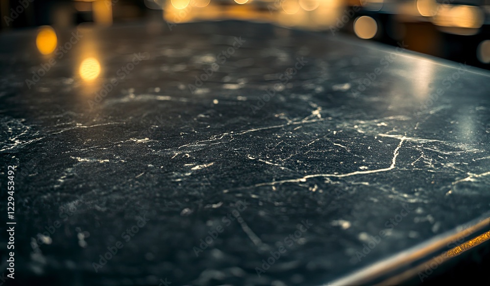Poster abstract blurred background of an empty black marble stone tabletop with bokeh in a modern restauran