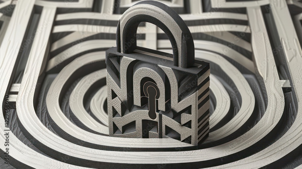 Poster intricate maze design featuring a stylized lock at the center, symbolizing security and challenge