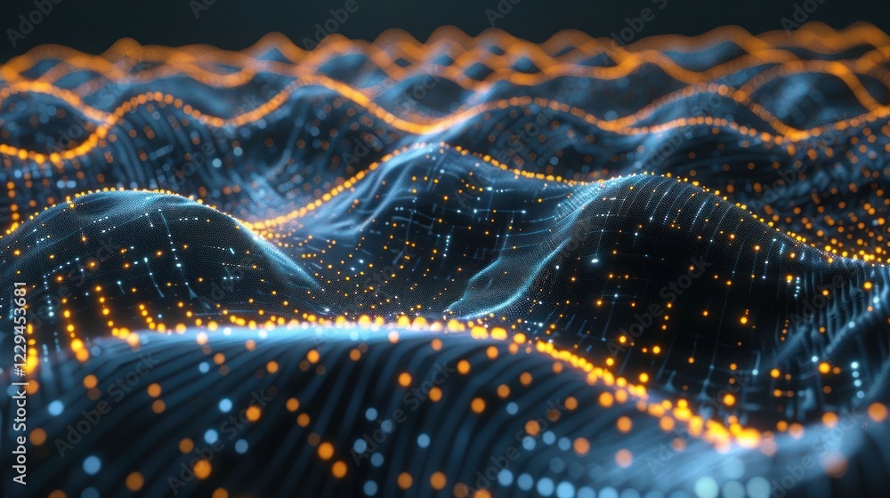 Poster abstract representation of flowing data waves with glowing particles in a dark environment