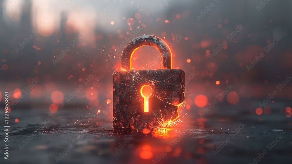 Poster glowing rusty padlock with an open keyhole amidst a blurred urban background at dusk