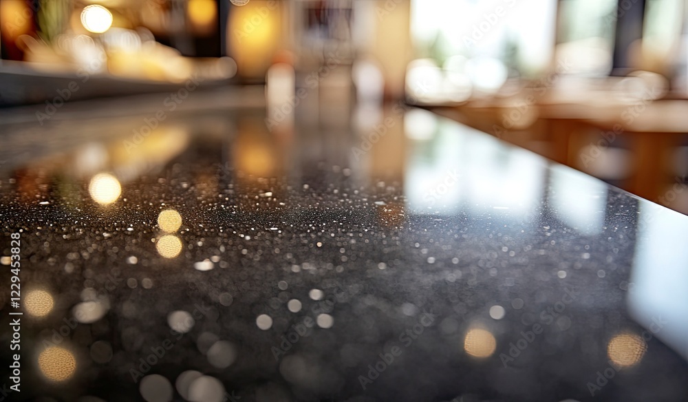 Poster abstract blurred background of an empty black marble stone tabletop with bokeh in a modern restauran