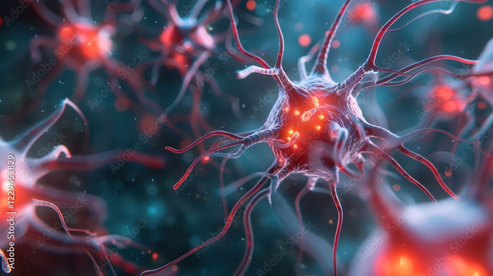 Poster close-up view of glowing neurons in a digital representation, showcasing neural connections and acti
