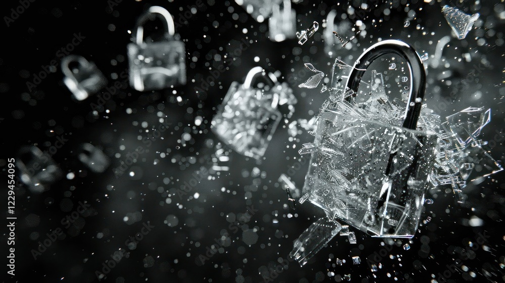 Poster shattered padlocks floating in a dark environment, symbolizing security breaches and vulnerability