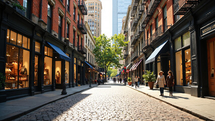 Vibrant SoHo Street Scene with Upscale Retail Stores, Luxury Apartments, and Cobblestone Streets for Real Estate, Travel, and Lifestyle Marketing