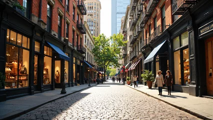 Fotobehang Vibrant SoHo Street Scene with Upscale Retail Stores, Luxury Apartments, and Cobblestone Streets for Real Estate, Travel, and Lifestyle Marketing © MOTOKO Stock