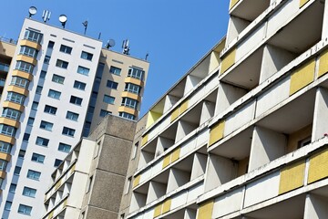Refurbished and un-refurbished Plattenbau or large-panel system building in Potsdam, Brandenburg, Germany, Europe
