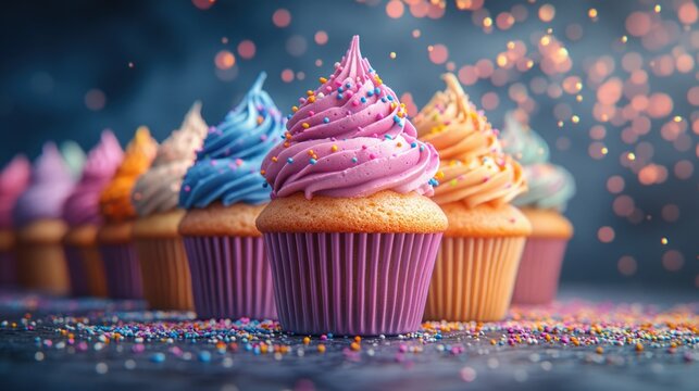 Colorful cupcakes decorated with frosting and sprinkles at a festive celebration event