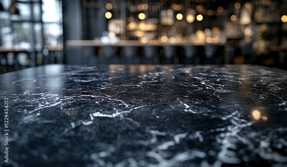Poster abstract blurred background of an empty black marble stone tabletop with bokeh in a modern restauran