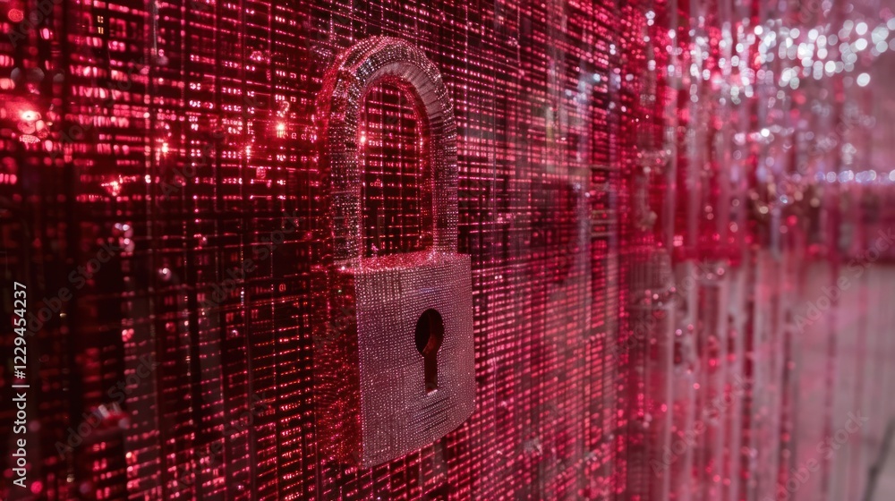 Aufkleber close-up of a vintage padlock against a shimmering red background with abstract patterns