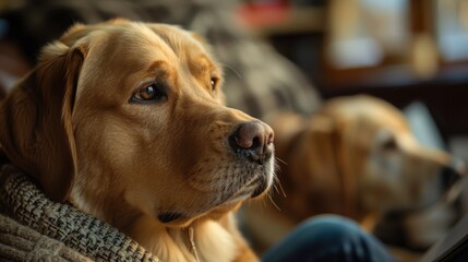 There are two dogs sitting on a couch with a blanket, animal background