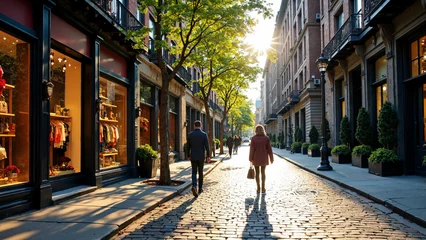 Selbstklebende Fototapeten Vibrant SoHo Street Scene with Upscale Retail Stores, Luxury Apartments, and Cobblestone Streets for Real Estate, Travel, and Lifestyle Marketing © MOTOKO Stock