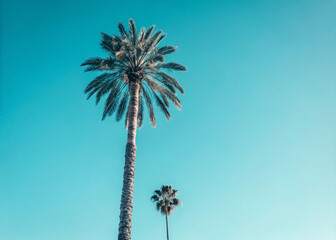 A tall palm tree stands against a clear, vibrant blue sky, banner and wall art poster and photo nature