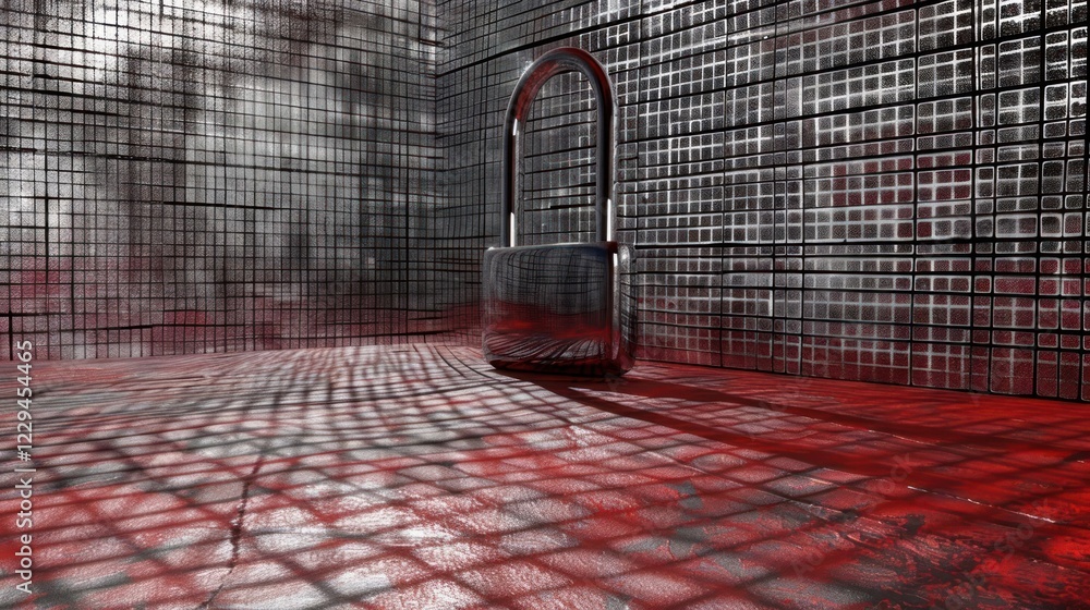 Poster a large padlock stands alone in a red and black patterned room with grid-like shadows