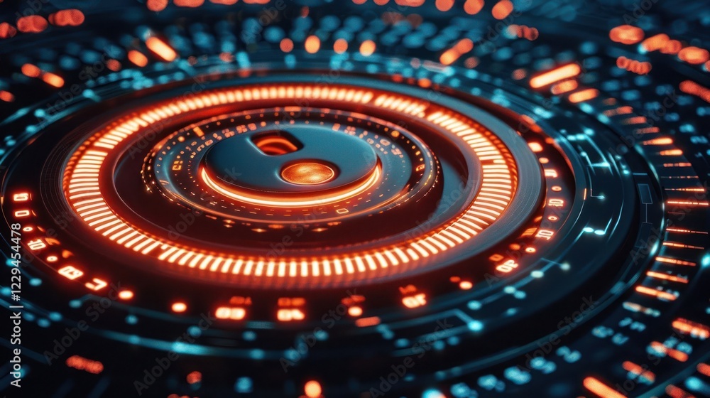 Poster futuristic digital interface with glowing circular patterns and intricate technology design