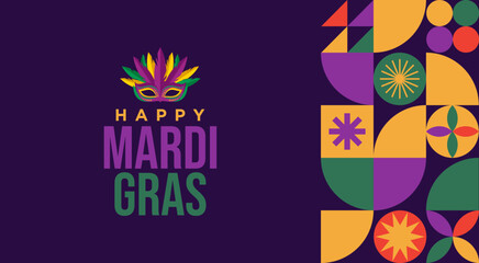 Obraz premium Happy Mardi Gras border vector illustration with abstract geometric background, Mardi Gras mask, Carnival celebration, Party banner, invitation, flyer, presentation template