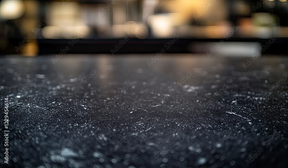 Poster abstract blurred background of an empty black marble stone tabletop with bokeh in a modern restauran