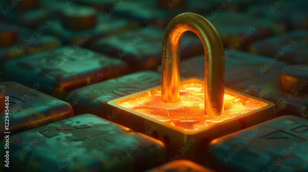Poster a glowing padlock rests on a keyboard, symbolizing digital security and protection in tech